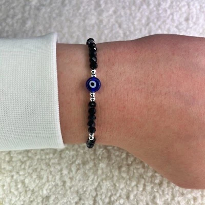 Schwarz Evileye Armband Nazar, Mal De Ojo Perlenarmband, Boncuk mit Silberkugeln - Bild 1 von 4