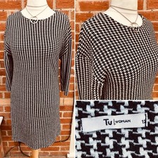 TU Size 12 Black Cream Check Dress Stretchy Work Evening Winter Excellent L9