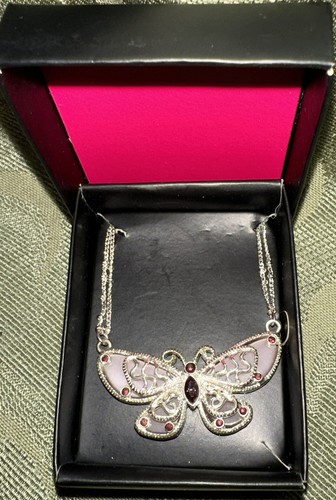 Butterfly Necklace Silver Tone Purple Rhinestones