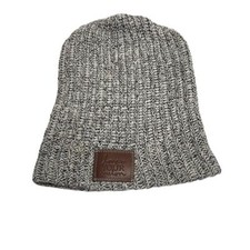 Love Your Melon Beanie Black White Speckled Tan Leather Logo Patch Hat Toboggan