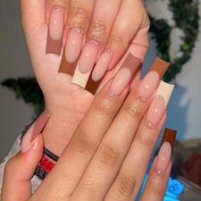 Fall Press on Nails Long Square Fake Nails Glossy Glue on Nails 03014Brown