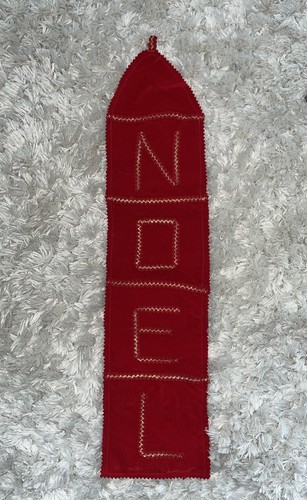 Vtg NOEL Christmas Card Holder Wall Hanging Red Velvet Handmade Pockets RicRac