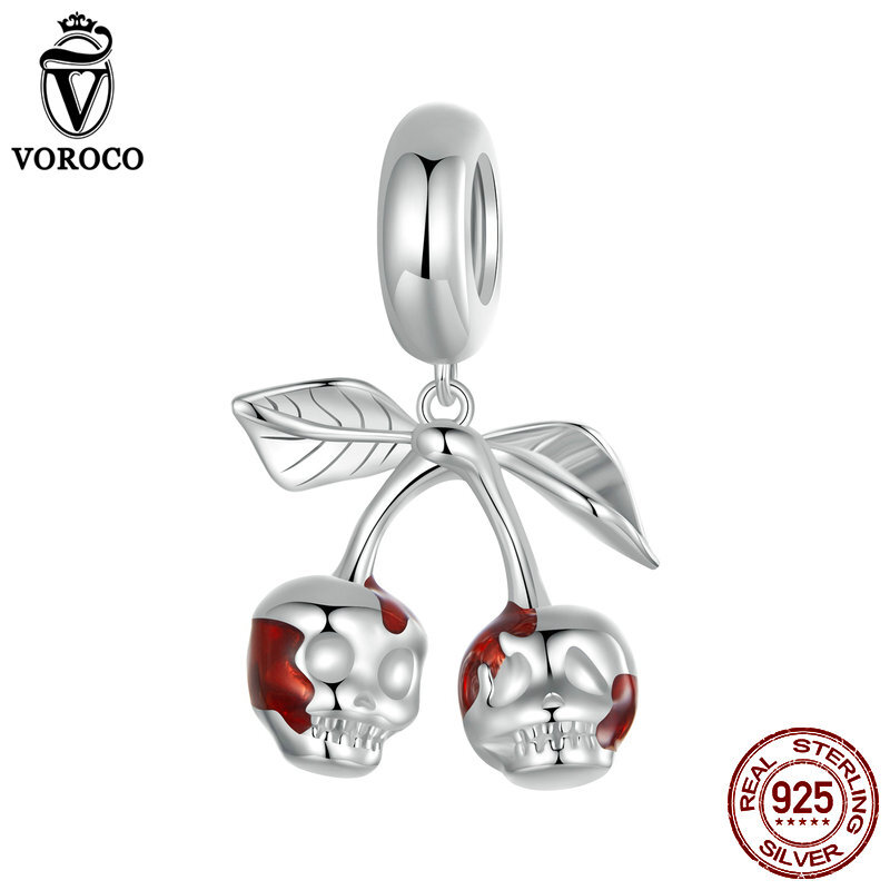 Voroco S925 Silver Halloween Cherry Skull Pendant Fit Bracelets
