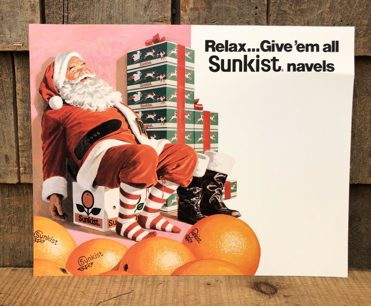 ヴィンテージARTサイン入りサンタ2体 Vintage 1984 Sunkist Navels Drink Beverage Orange Santa Christmas