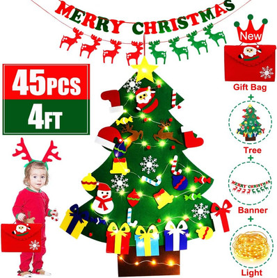 4Ft DIY Felt Christmas Tree with Light for Kids Wall 45Pcs Detachable Ornaments 