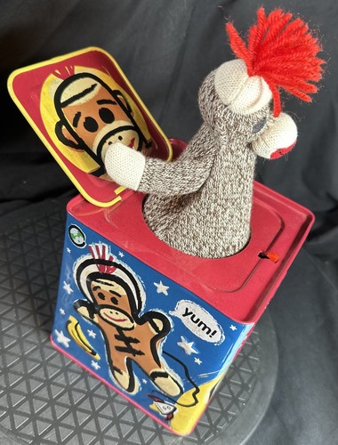 Sock Monkey Jack In The Box Schylling Toys 2008 Classic Tin -Pop Goes The Weasel - Picture 4 of 9
