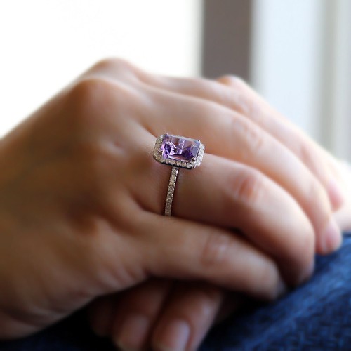 4CT Amatista Natural & Real Diamante Halo Compromiso Ring 14KT Oro Blanco Macizo - Imagen 3 de 10
