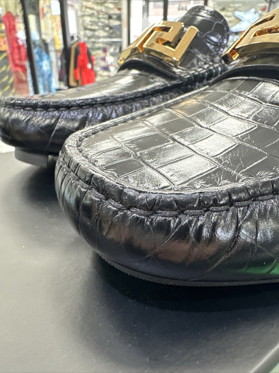 Versace La Greca Leather Driver Loafers croc embossed 40 NWB