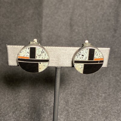 Vtg Ray Tracey Knifewing Navajo Sterling Inlay Clip On Earrings