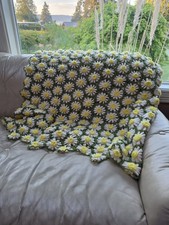 Manta afgana vintage de ganchillo margarita puff puntada verde amarillo blanco 62X40