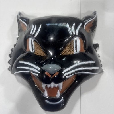 VINTAGE Grinning Black Cat PLASTIC HALF MASK CLASSIC STYLE HALLOWEEN SPIRIT