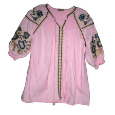 Vintage Mexican Oaxacan Pink Floral Embroidered Smocked BLOUSE sz XL Tassel Tie