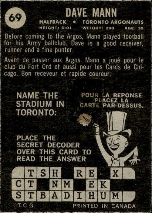 1964 Topps CFL Football SET BREAK #69 Dave Mann TAPED ON BACK - Image 2 of 2