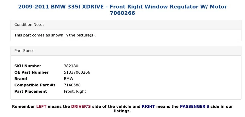 2009-2011 BMW 335I XDRIVE - Front Right Window Regulator W/ Motor 7060266 - Image 3 of 4