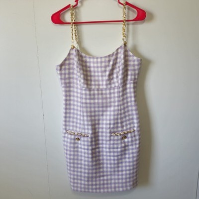 GUESS Caroline Tweed Mini Dress Purple Gingham Chain Strap Size 6 Chic