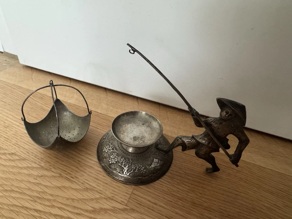 Vietnam - 900 Silber - Teesieb „Fischer mit Netz” (alt, vintage) - Bild 3 von 4