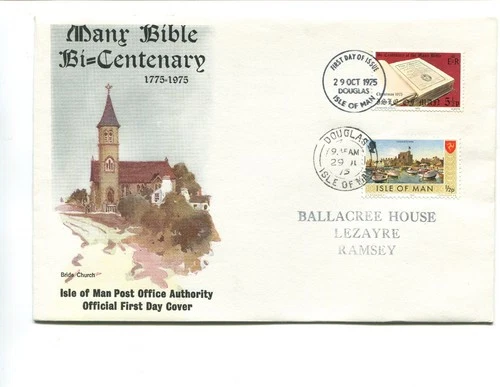 Isle of Man 1975 Manx Bible FDC with extra stamp cancelled same day