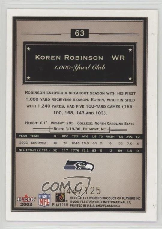 2003 Fleer Showcase Legacy /125 Koren Robinson #63 - Image 2 of 2