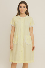 VTG Katz House Dress M/L Yellow Cotton Blend Muumuu Lace Pearly Buttons Housecoa