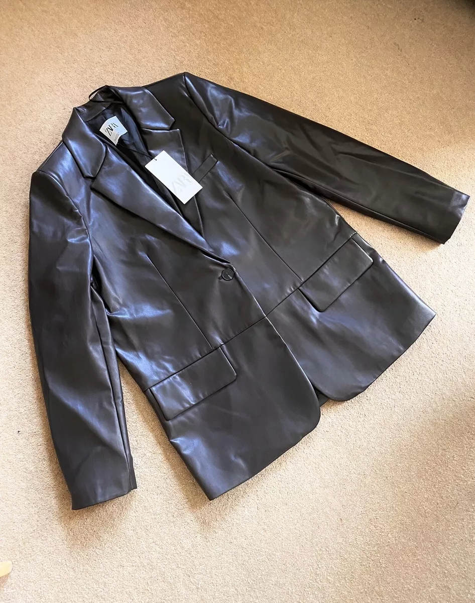 Zara Dark Brown Faux Leather Masculine Blazer S UK10 New G136S
