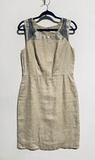 LOFT Dress Womens 8 Sleeveless Sheath Beaded Sequin Beige Linen Lined Boho