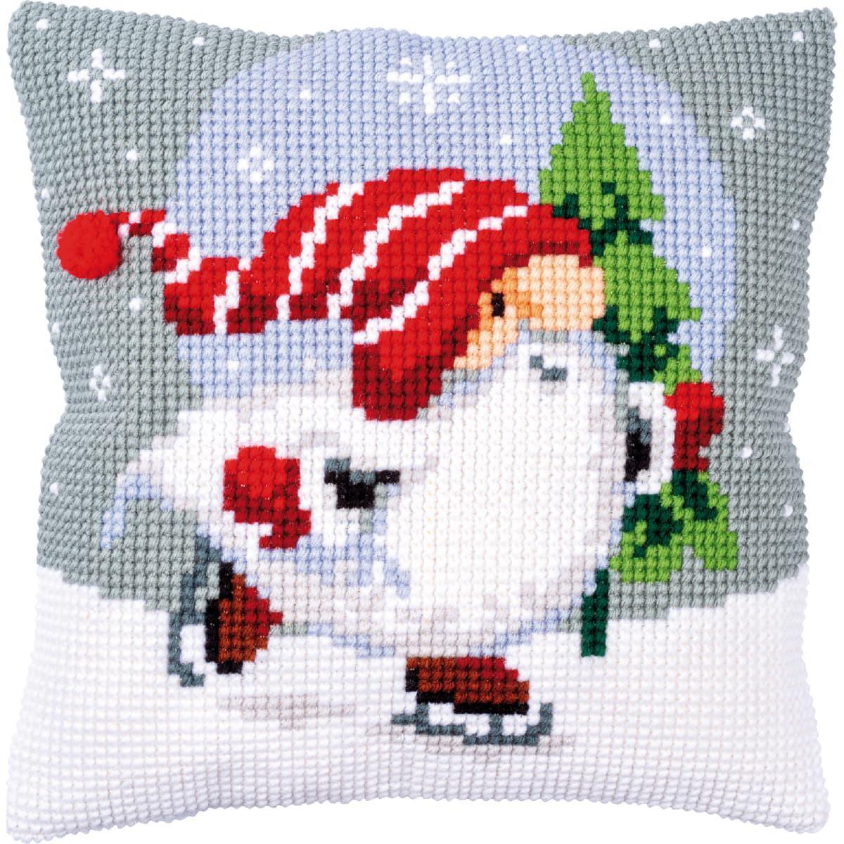 Vervaco stamped cross stitch kit cushion ""Weihnachtsgnom auf Eis"", 40x40cm, DIY