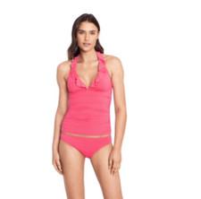 LAUREN RALPH LAUREN Pink Stretch Tie Lined Deep V Neck Ruffled Halter Tankini 12