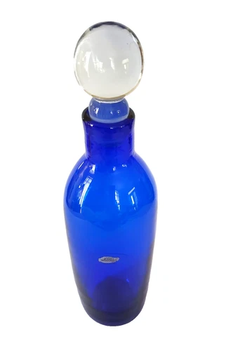 Blenko Glass Cobalt Blue Decanter with Clear Stopper & Sticker 14" Tall