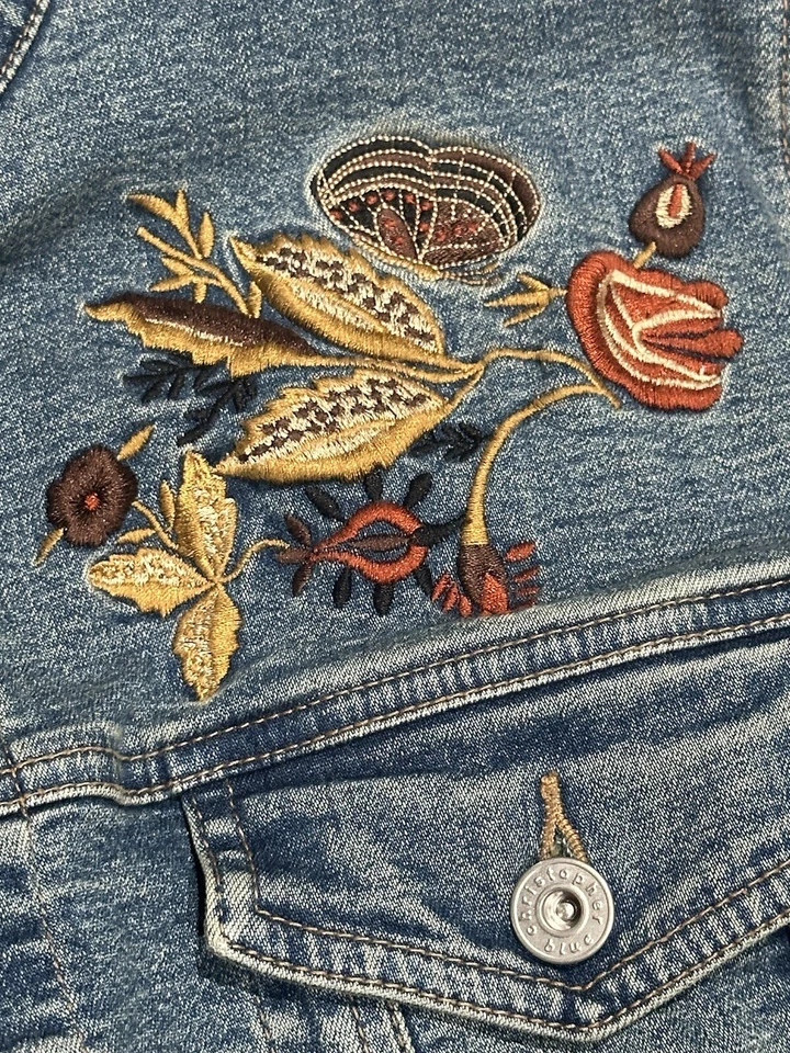 Christopher Blue Upcycled Denim Jean Jacket size S Embroidered Boho Embroidered - Image 4 of 4