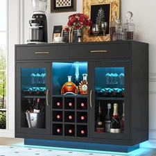 Wine Bar Cabinet with LED Lights, Coffee Bar Cabinet with Wine and Glass Rack...