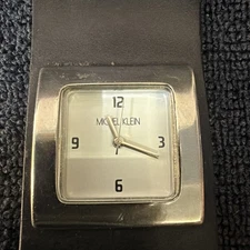 Michel Klein Silver Tone Square Face Black Leather Band Wrist Watch 8" 