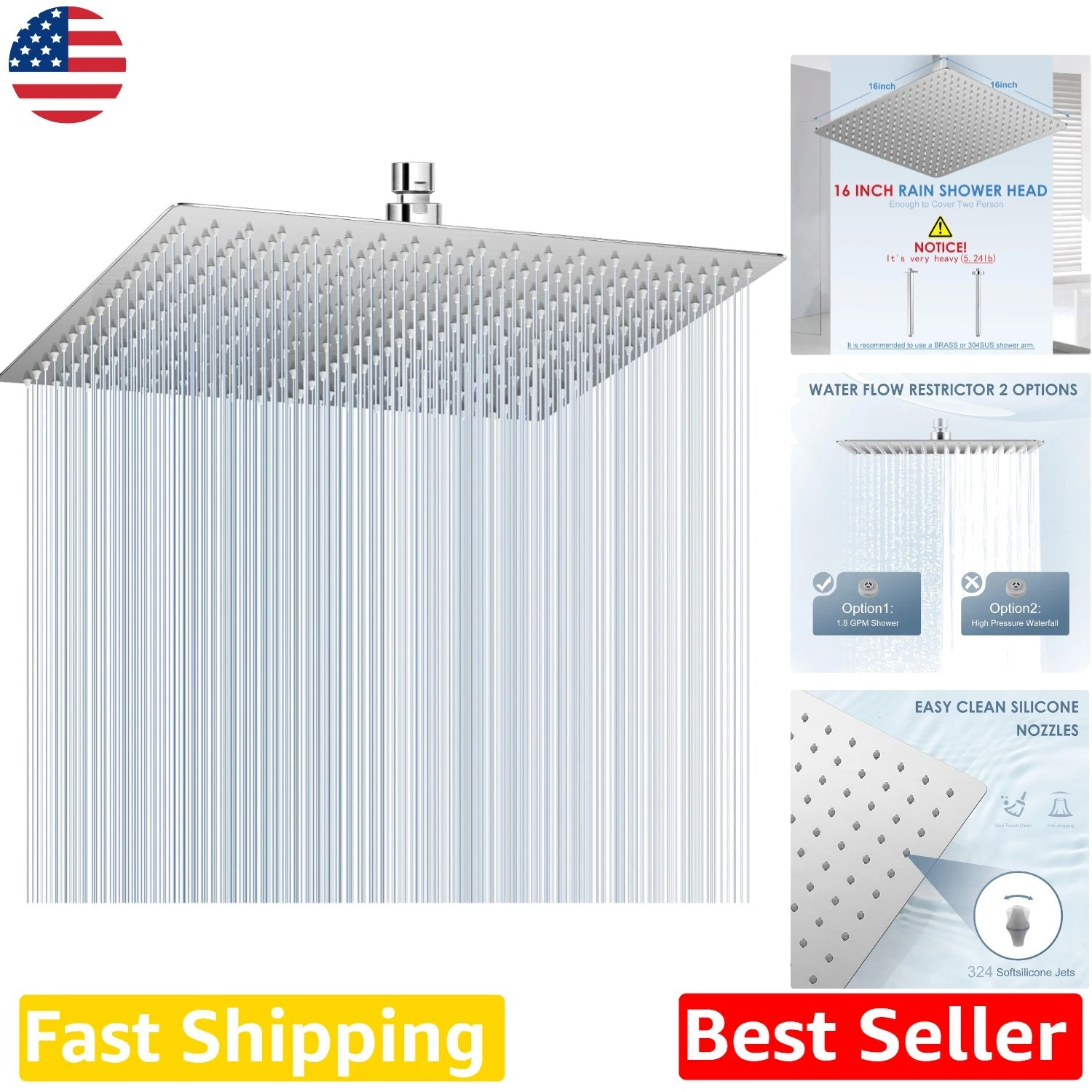 Large 16 Inch Square Rain Shower Head - 304 Stainless Steel, Waterfall