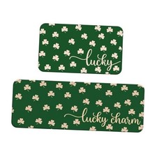 2 Pcs St. Patrick's Day Kitchen Mats Set Green Welcome Floor Shamrocks