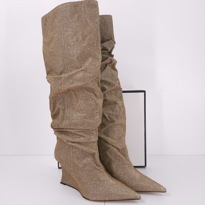 Steve Madden Distortion Knee High Slouch Wedge Boots Gold Glitter Womens Size 9