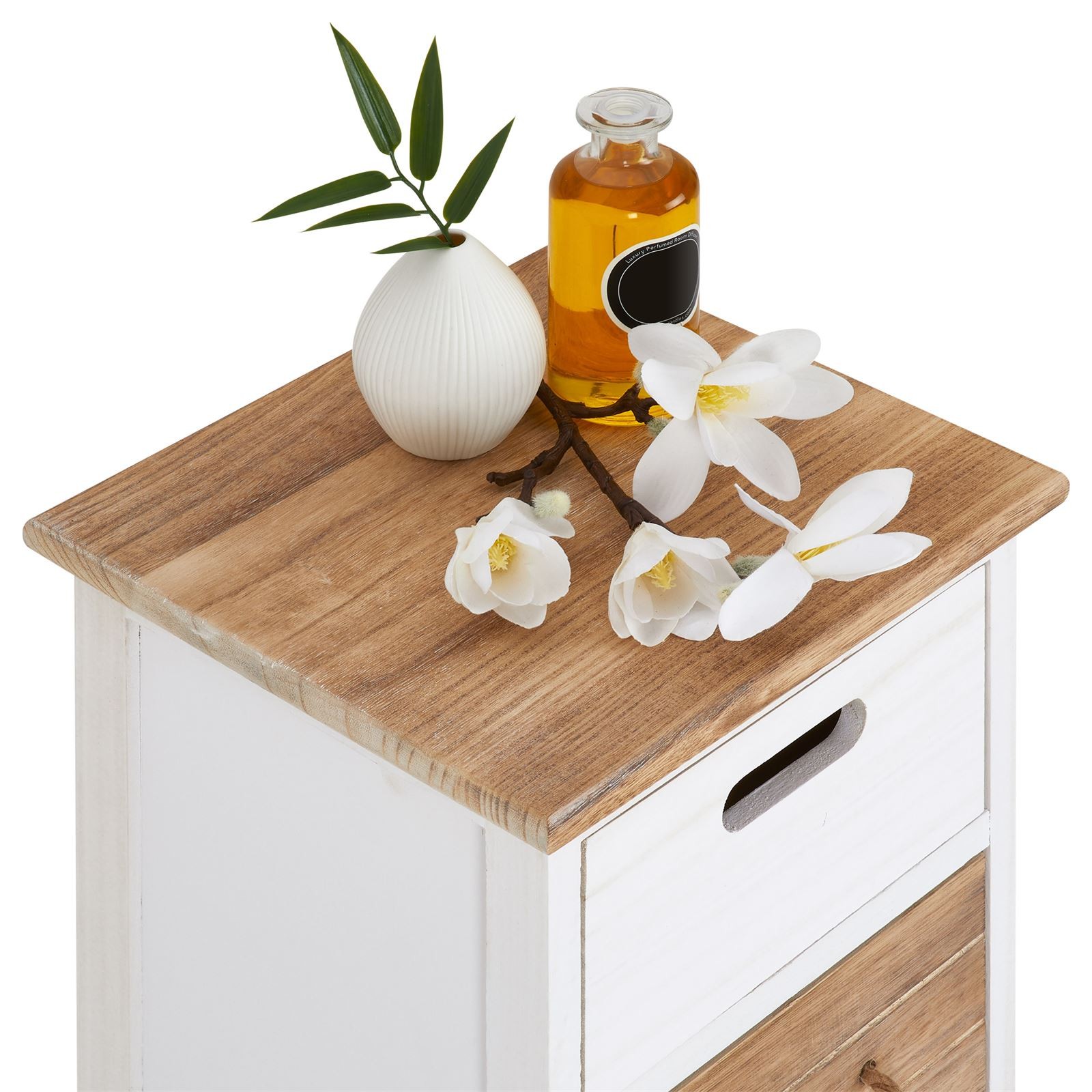 Chiffonnier étagère avec 4 tiroirs en bois paulownia shabby chic blanc gris