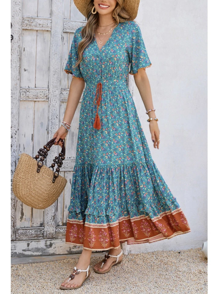 R. Vivimos Women’s Summer Cotton Short Sleeve V Neck Floral Print Long Dress - Image 2 of 4