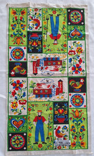 Vtg  Kitchen Towel Kitschy Colorful Folk Art Hearts Rooster Barn Floral Linen 