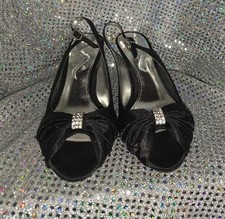 Size 8 Women's Nina Black Luster Satin Heel with Rhinestones Peep Toe Slingback