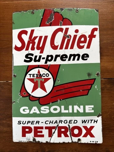 Vintage 1959 Texaco Sky Chief Su-preme Petrox Gasoline Porcelain Sign 18” X 12”