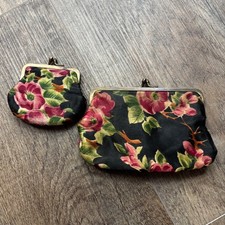 Vintage Floral Kiss Lock Coin Purse Set Black Pink Botanical 2 Piece Pouch