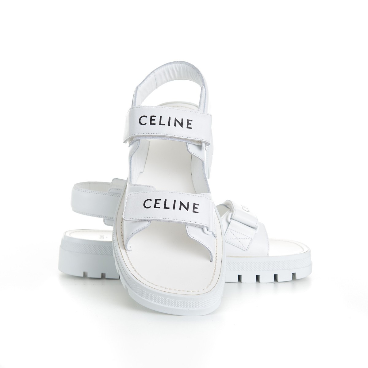 CELINE 850$ Men's White Leather LEO Sandals - Calfskin, Logo Print