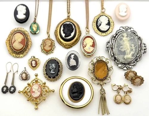 Vintage Faux Cameo Costume Jewelry Lot Necklaces Brooches Earrings 20+ Pieces