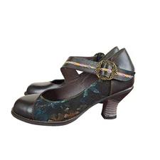 Socofy Heels Womens Size 5.5 Black Multi Boho Chic Ankle Strap Mary Jane Pumps