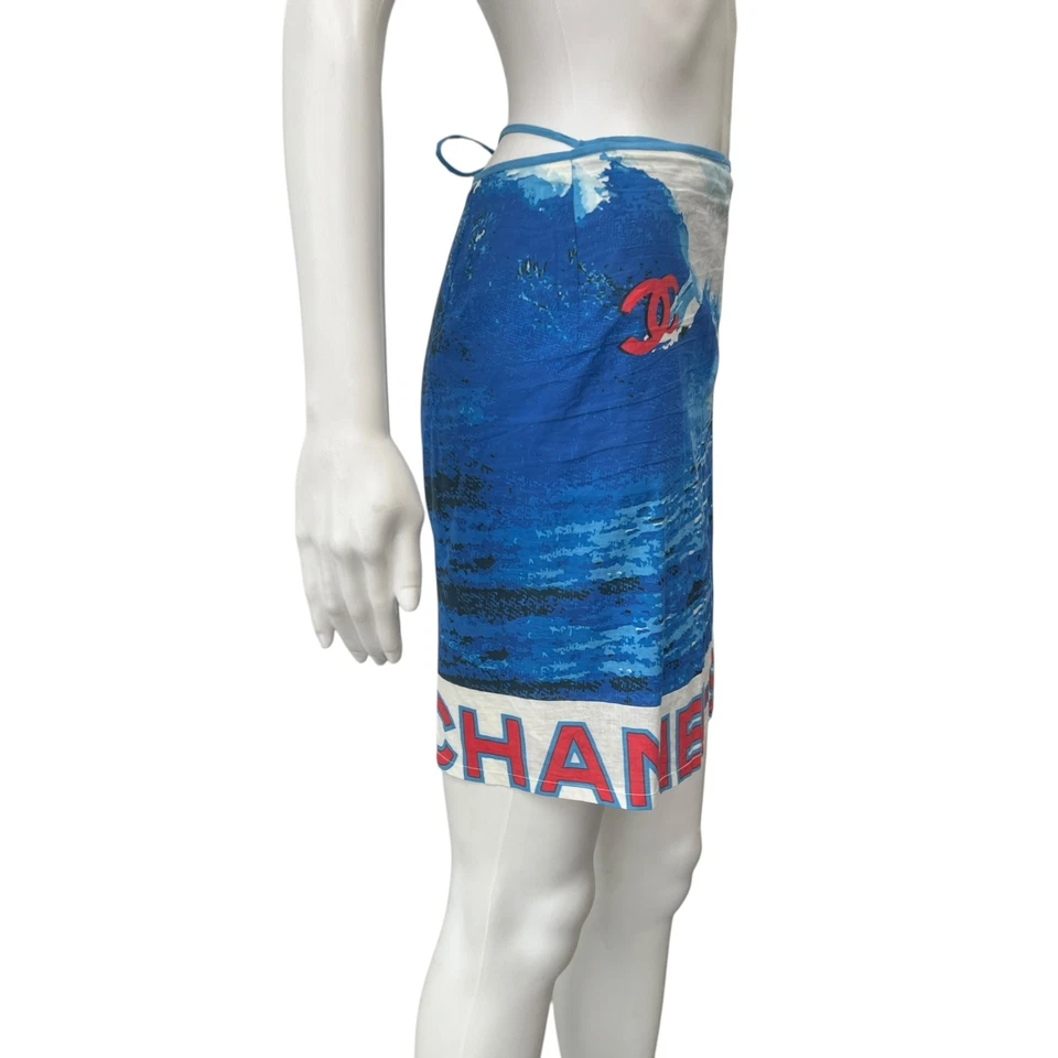 CHANEL 2002 VINTAGE Surf Blue White Sarong Wrap Tie Skirt one size - Image 4 of 4