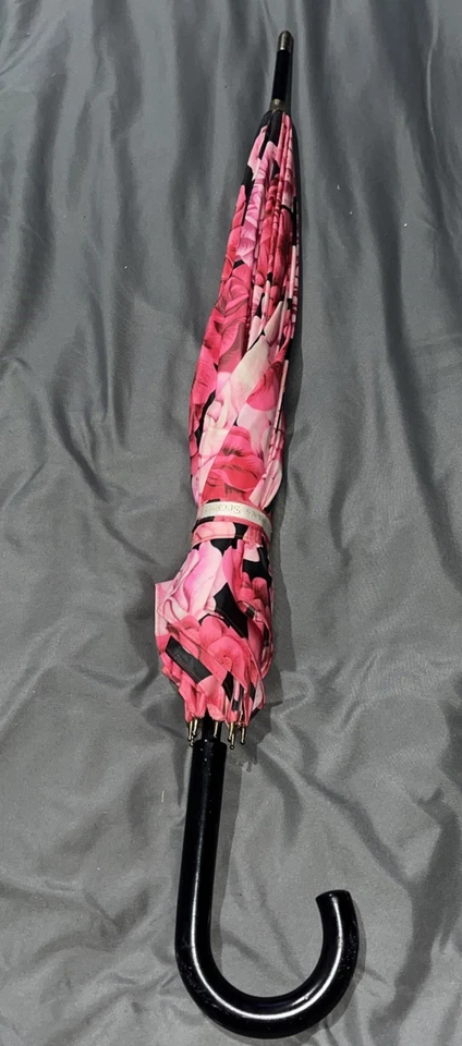 Victoria’s Secret Floral Rojo Rosa Rosas Paraguas Recubierto Algodón Mango Madera 34" Foto 3 de 4