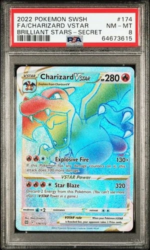 PSA 8 -2022 Pokemon Brilliant Stars Charizard VSTAR #174 - Rainbow Secret Rare