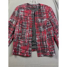 Kasper Women's Red Black White Abstract Print Open Front Blazer Jacket Size 10