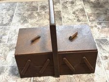 Vintage 2 Tier Fold Out Accordion Style Wood Sewing Storage Box Table Top Wooden