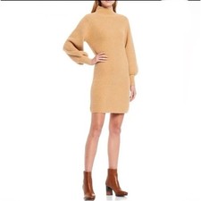 NEW a loves a Teardrop Mock Neck Balloon Sleeve Sweater Dress Camel LARGE