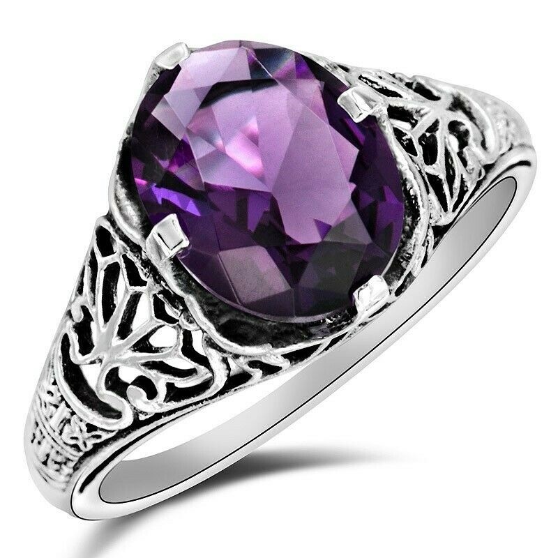 3CT  Amethyst 925 Solid Sterling Silver Art Deco Ring Sz 7 XA3-2